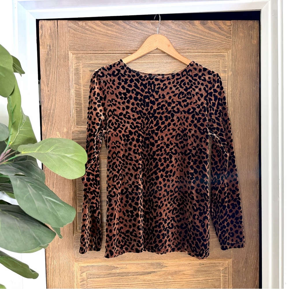 Vintage Worthington Leopard Print Velvet Long Sleeve Top Size M